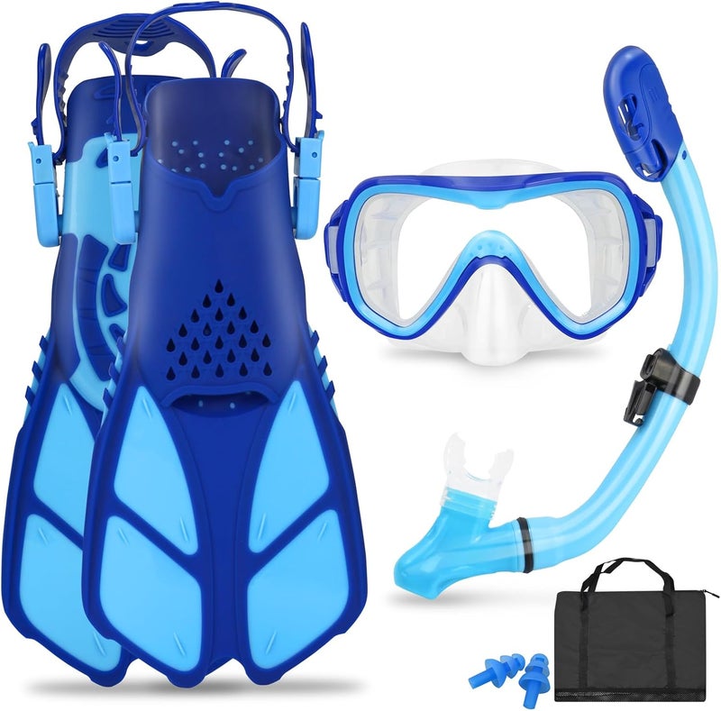 FosDero Kids Snorkel Set Mask Fins-Panoramic Snorkel Mask+Dry Top Snorkel+Adjustable Swim Fins+Mesh Bag+Earplugs for Boys Girls, Junior Snorkeling Gear for Kids Ages 5-14 - Image 1